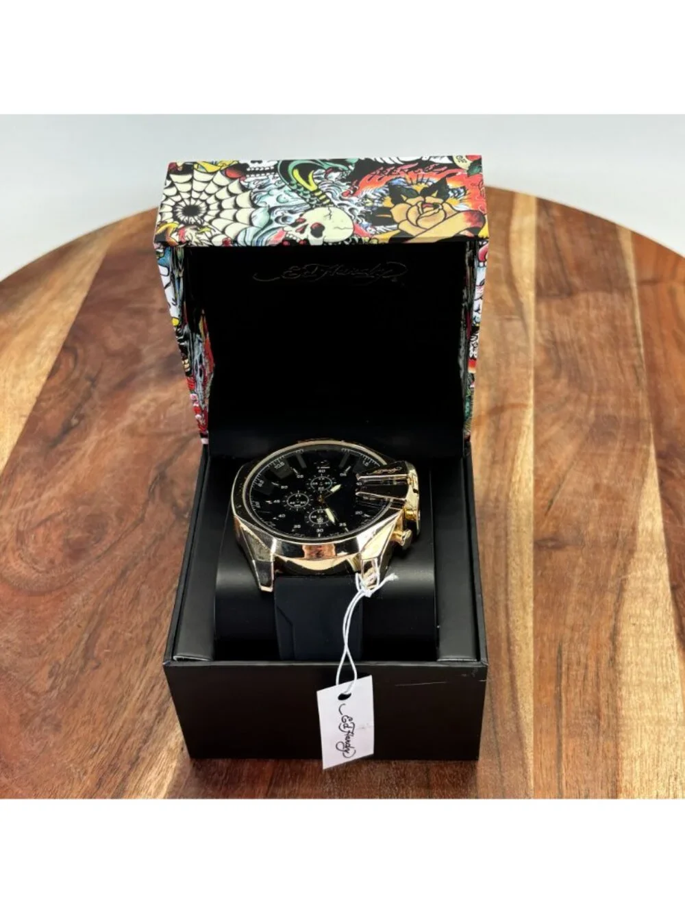 Ed Hardy Mens Gold-Tone Chronograph Watch w Black Silicone Strap & Box - NEW